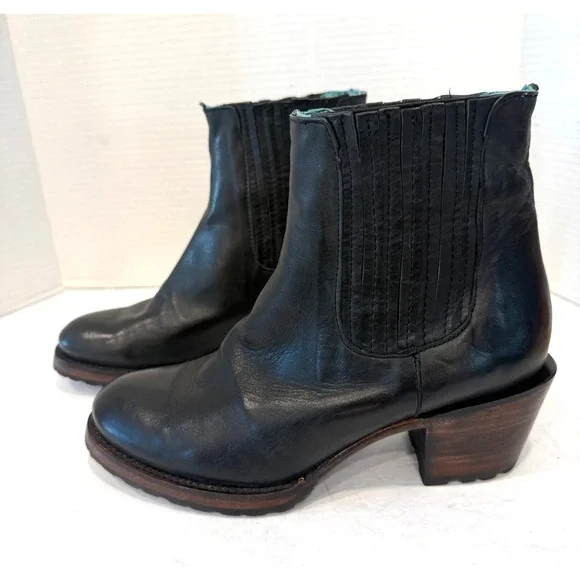 Untitled Vintage Black Leather Stacked Heel Pleated Chelsea Ankle Boots Sz 8 - Picture 1 of 10